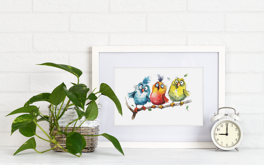 Crazy But Cute Birds Wall Watercolor Art