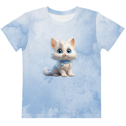 Little Kids Crew Neck T-Shirt -Blue Wht Kitten