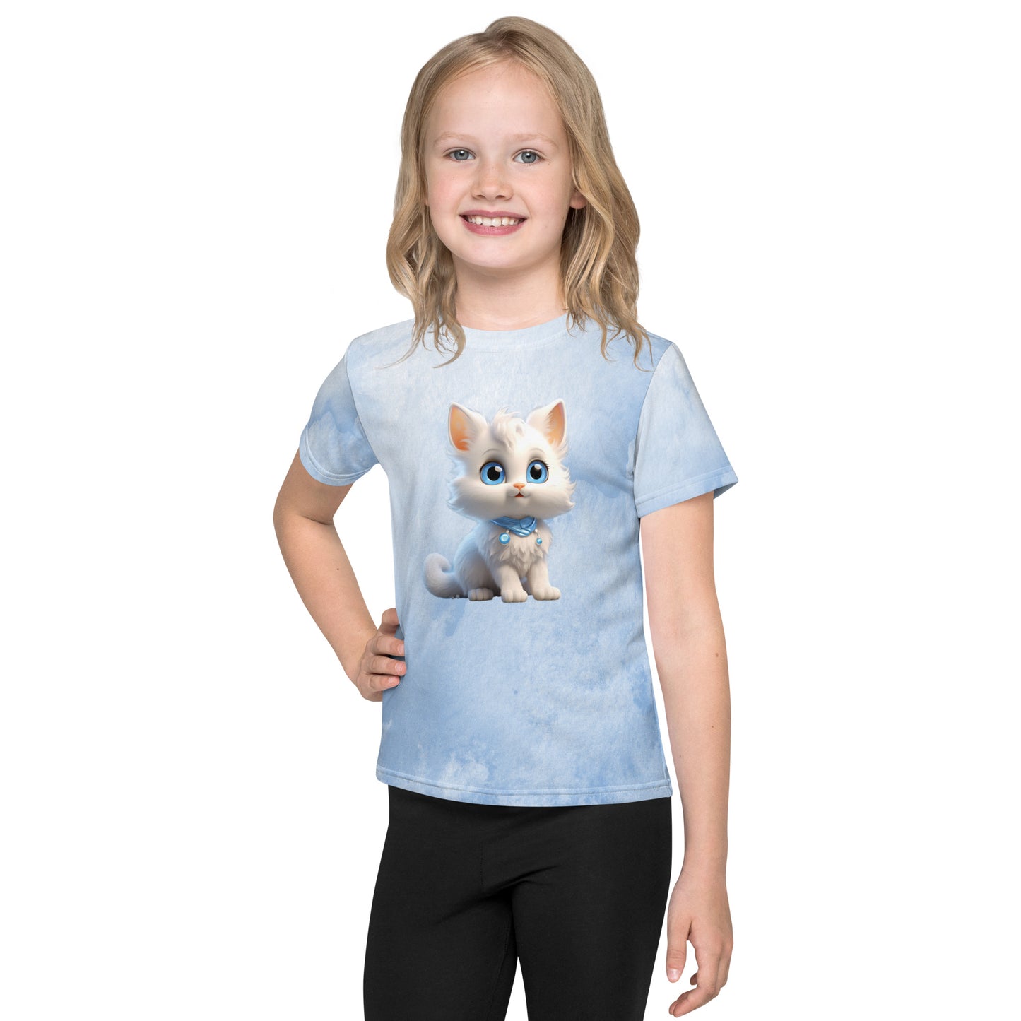 Little Kids Crew Neck T-Shirt -Blue Wht Kitten